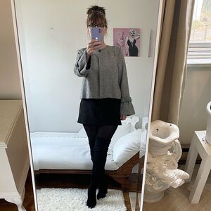 OLEG CASSINI WOOL BLEND SWIMG JACKET BUTTON HIDDEN SNAPS BELL CUFFS HERRINGBONE